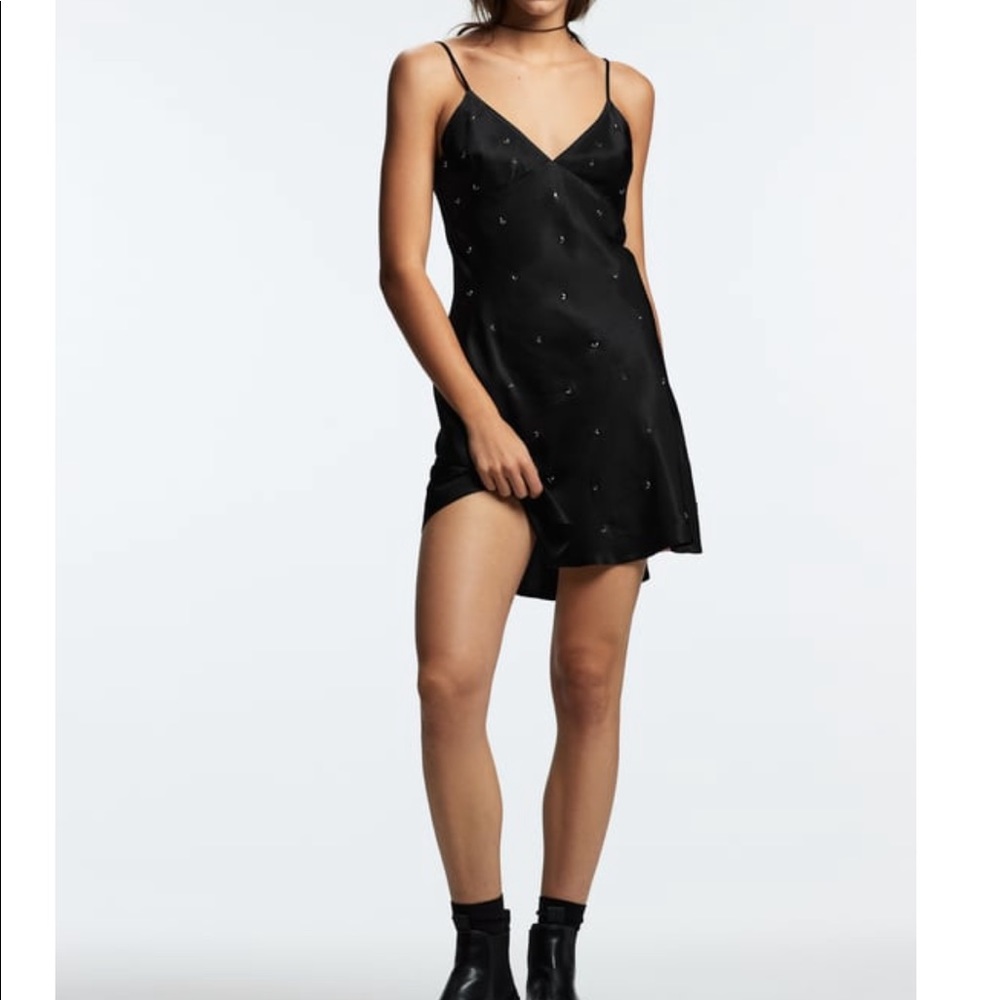 Zara Jewel Trim Black Satin Effect Mini Dress - Size L